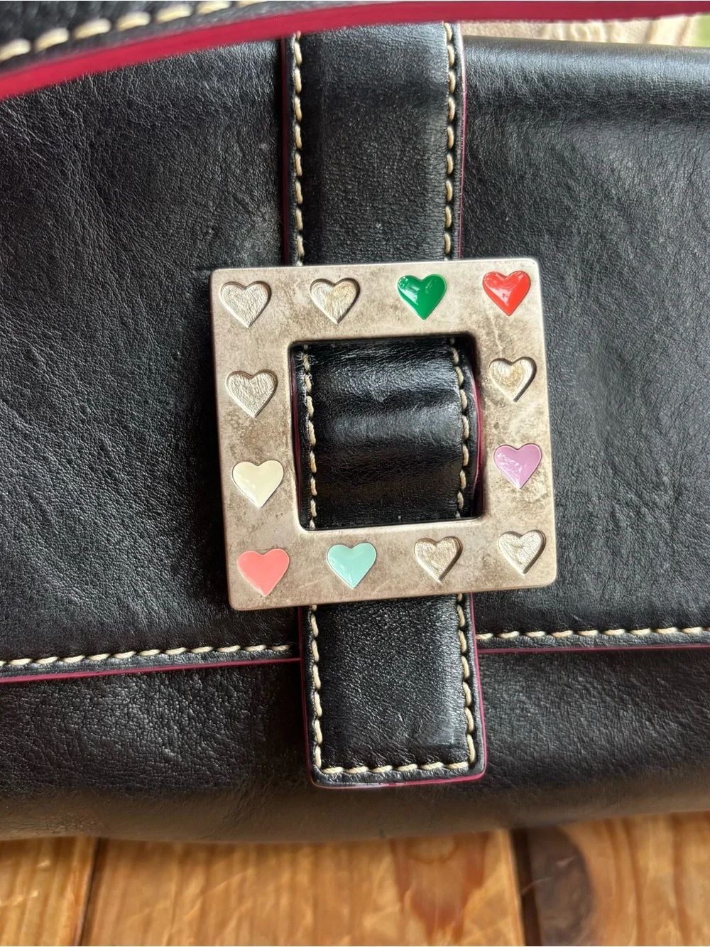 Dooney & Bourke Black Leather Shoulderbag with Silver Heart Enamel Buckle